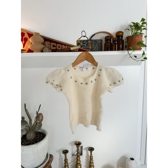 Vintage 1970s Wool Youth Short Sleeve Sweater Small With Holes Embroidered - Picture 1 of 7